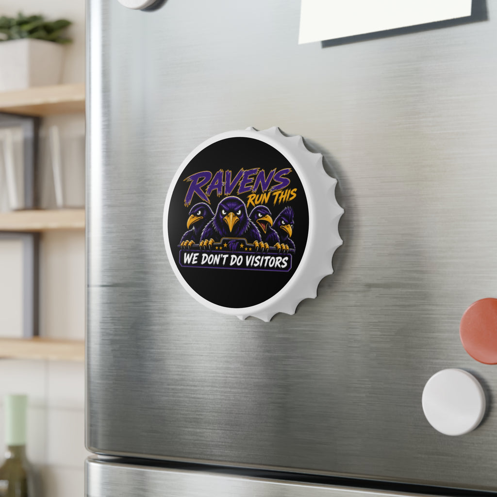 TimeWarp Drip Black street-cool bottle opener: “We Don’t Do Visitors” with three slick ravens, fridge-ready. Fly high, stand out—no guests!. streetwear apparel