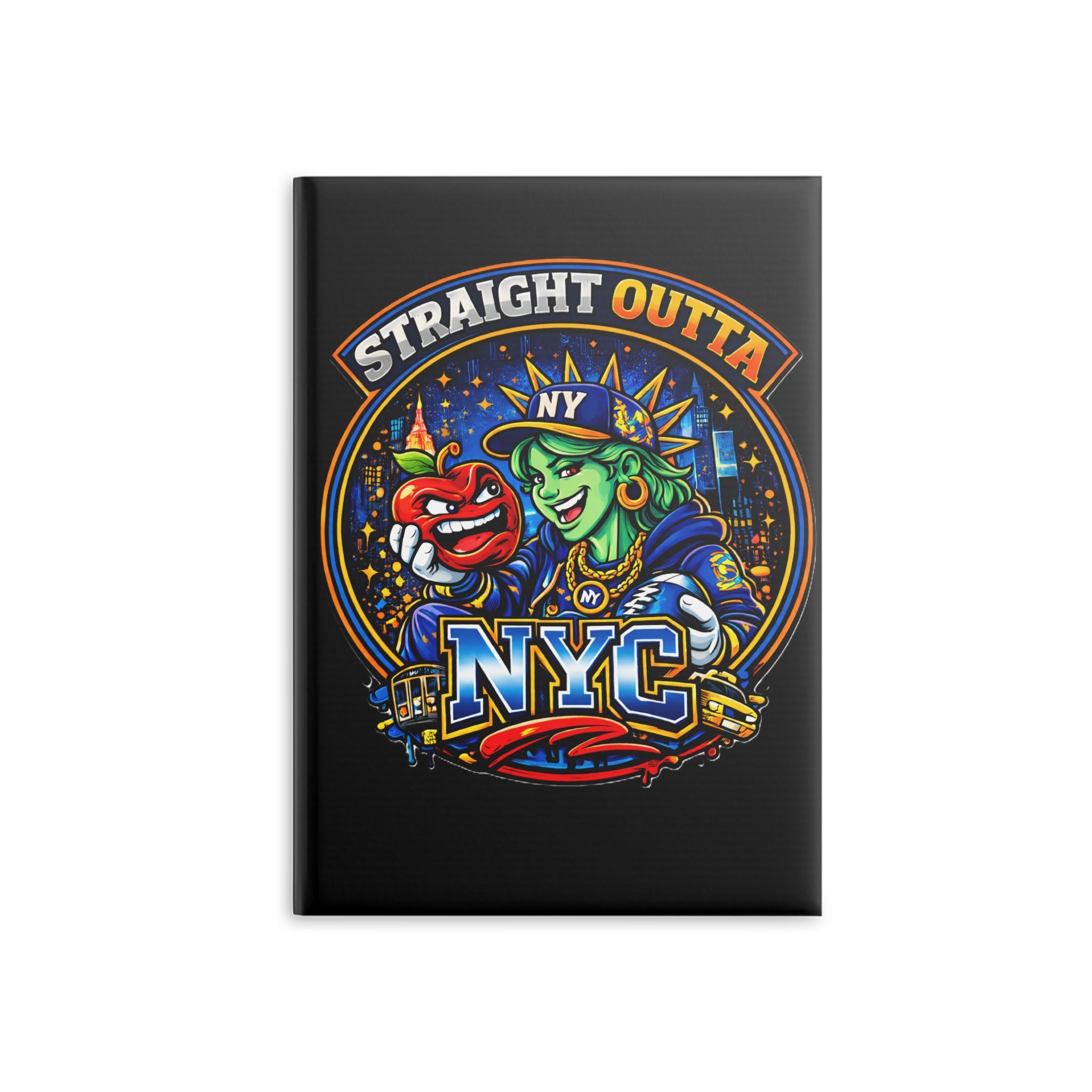 Black hardcover notebook featuring a New York City Statue of Liberty graphic and "Straight Outta NYC" text, by TimeWarp Drip.