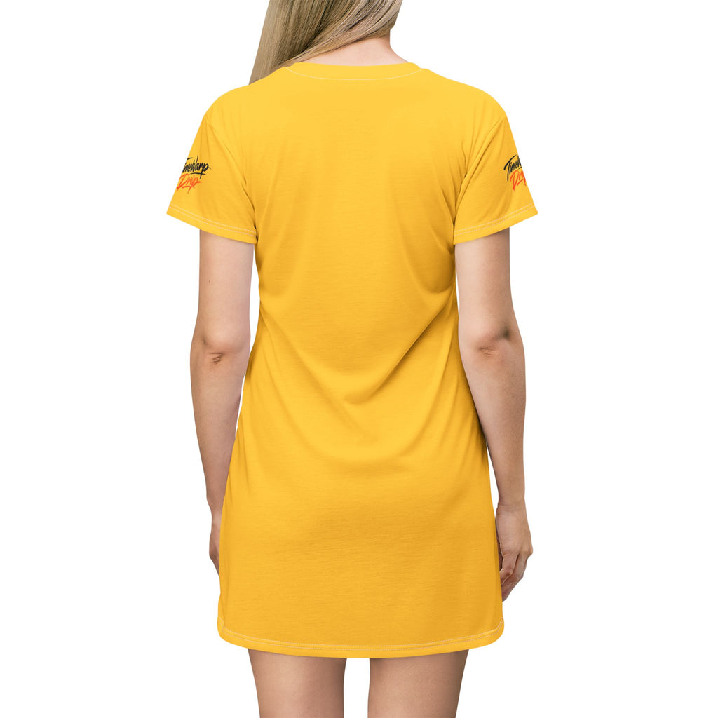 TimeWarp Drip Long blonde hair, boss-level vibes: TimeWarp Drip’s Bloom In Your Time Yellow Floral T-Shirt Dress, street-ready from the back. streetwear apparel