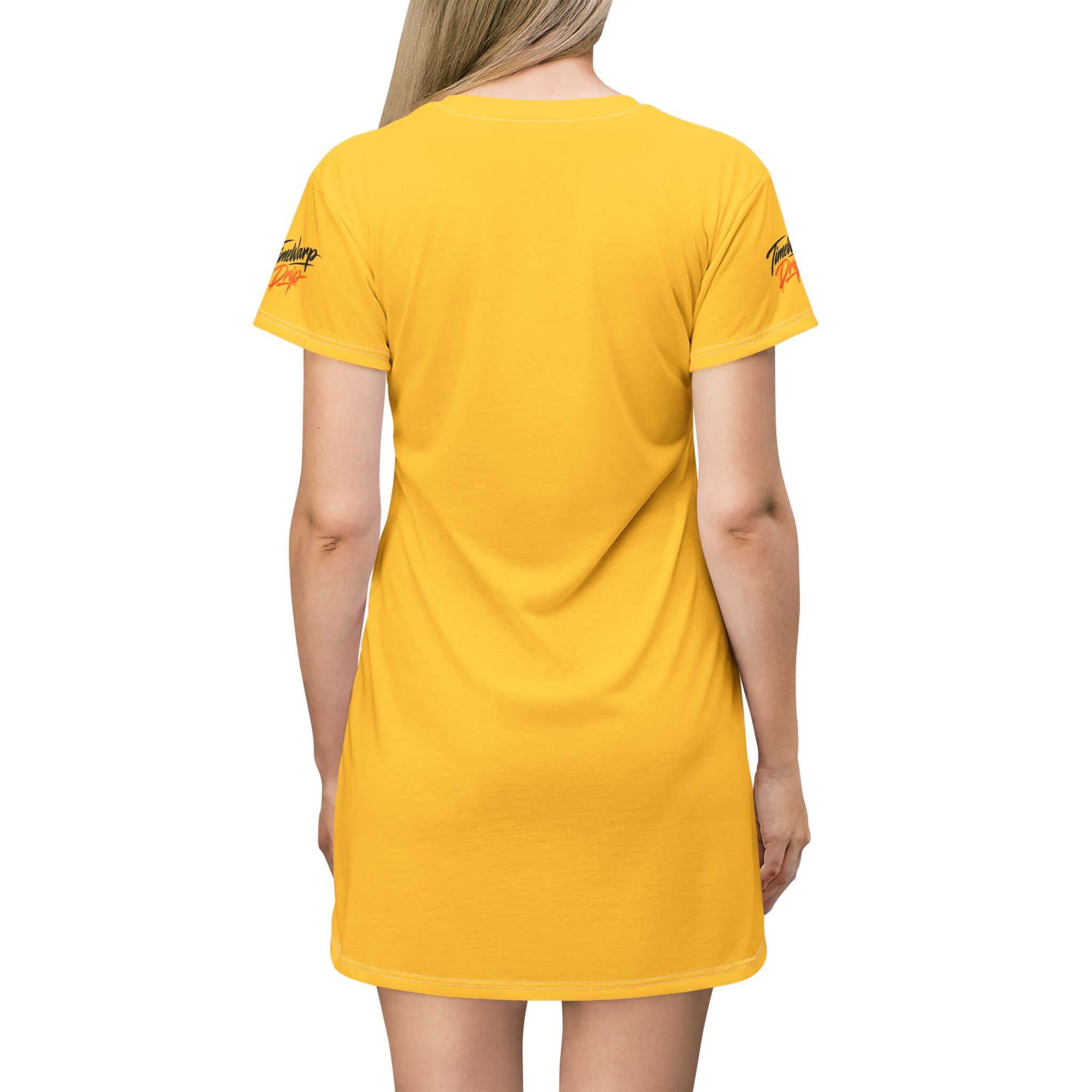 TimeWarp Drip Long blonde hair, boss-level vibes: TimeWarp Drip’s Bloom In Your Time Yellow Floral T-Shirt Dress, street-ready from the back. streetwear apparel