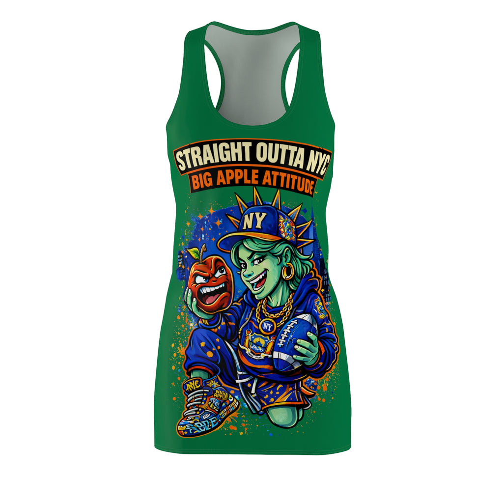 Green racerback dress with all-over NYC "Big Apple Attitude" print, stylish and casual, from TimeWarp Drip.