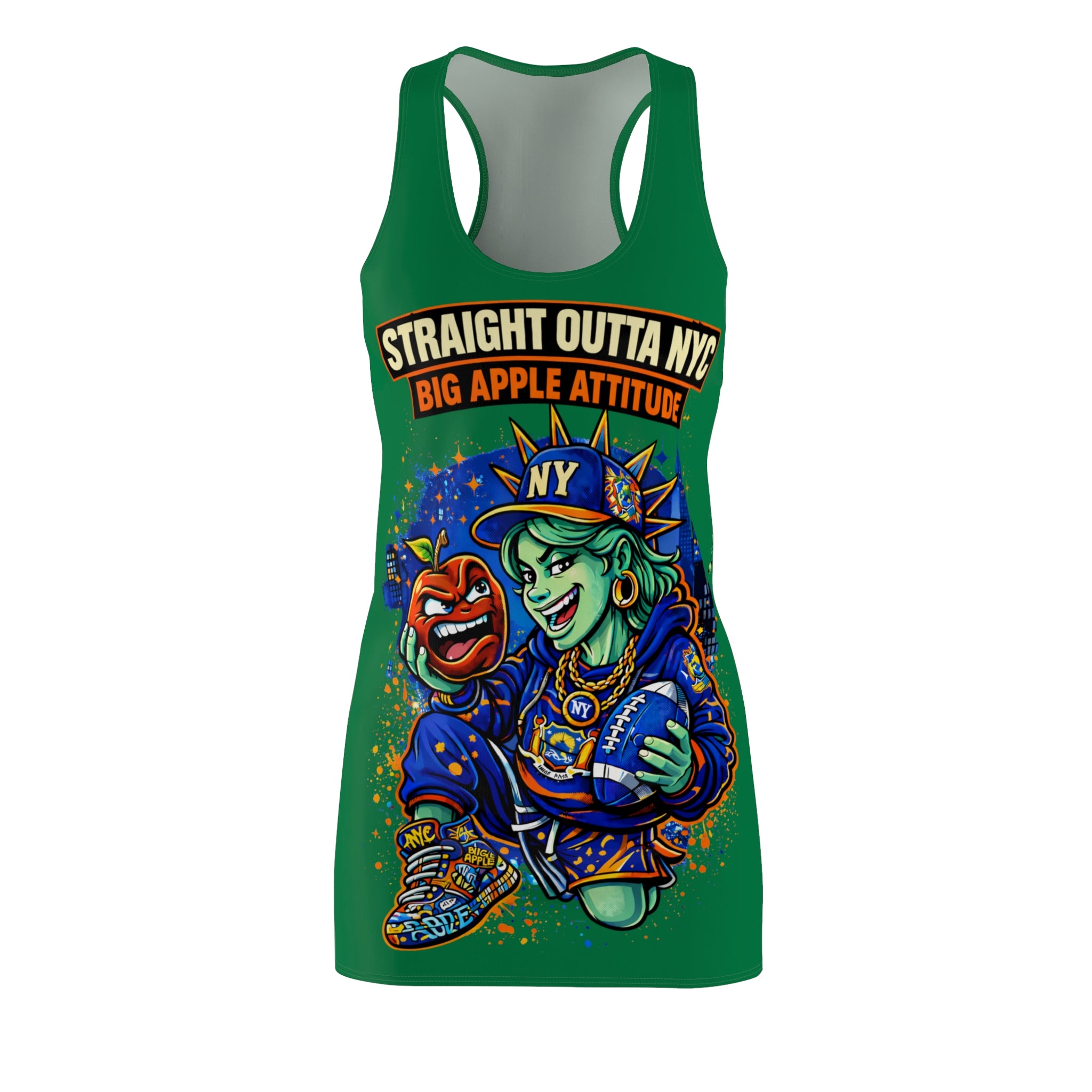 Green racerback dress with all-over NYC "Big Apple Attitude" print, stylish and casual, from TimeWarp Drip.