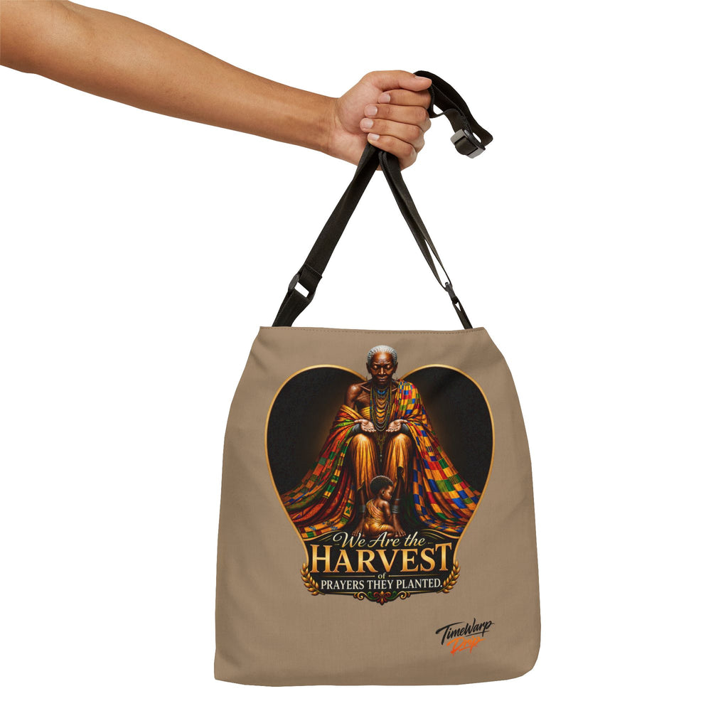 TimeWarp Drip – Black Generational Blessing tote bag, bold white "We Are the Harvest" slogan, streetwise nod to Black History and Juneteenth. | premium streetwear