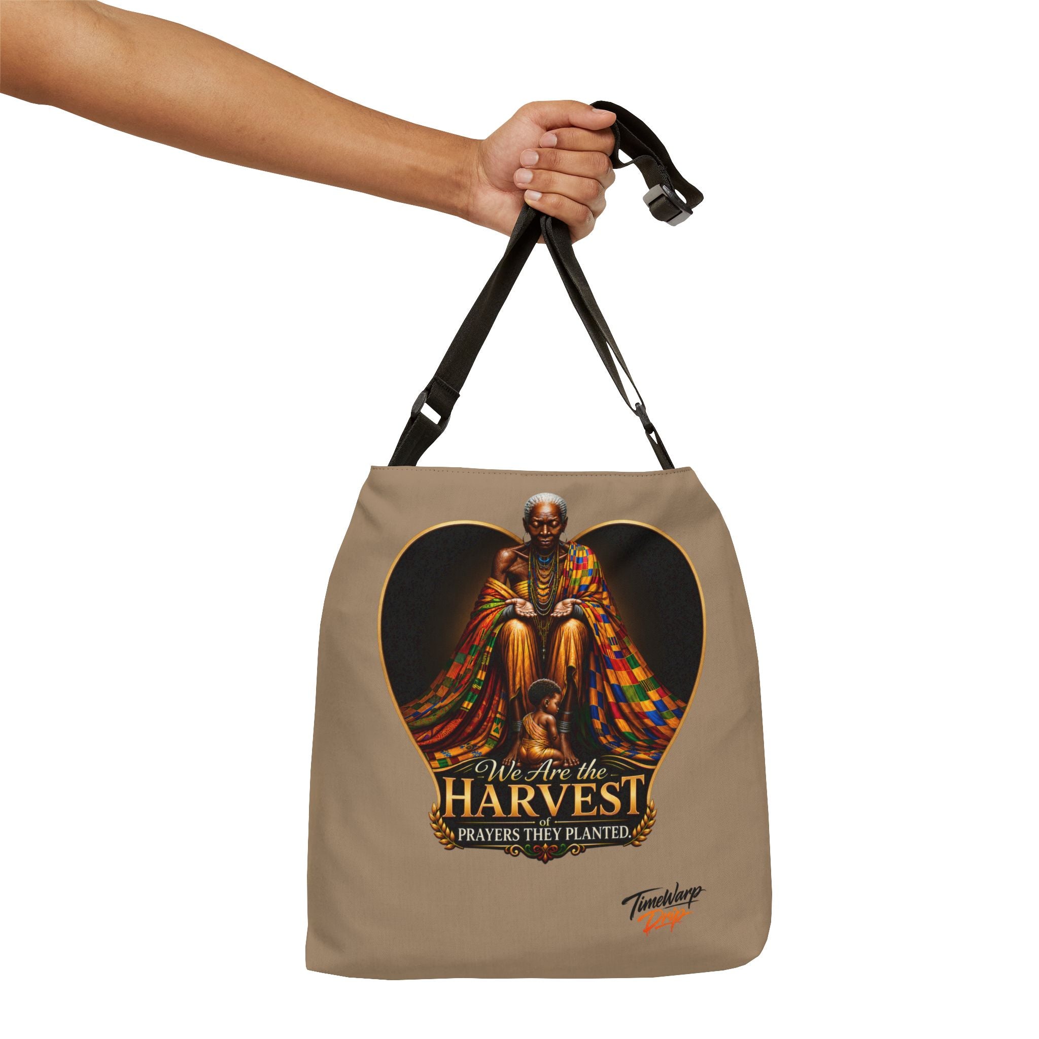 TimeWarp Drip – Black Generational Blessing tote bag, bold white "We Are the Harvest" slogan, streetwise nod to Black History and Juneteenth. | premium streetwear