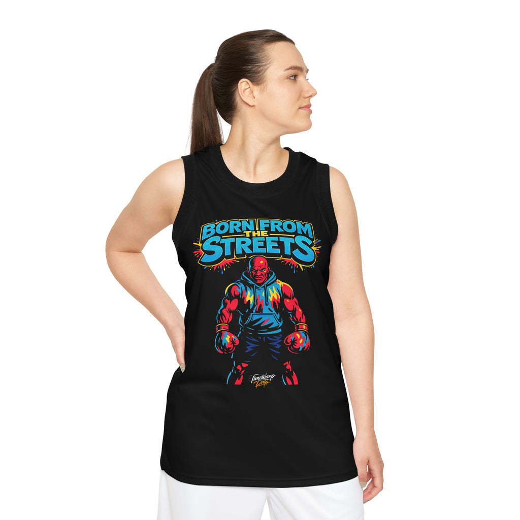Black graphic jersey with all-over street-inspired prints by TimeWarp Drip, featuring bold street art designs and vibrant colors.