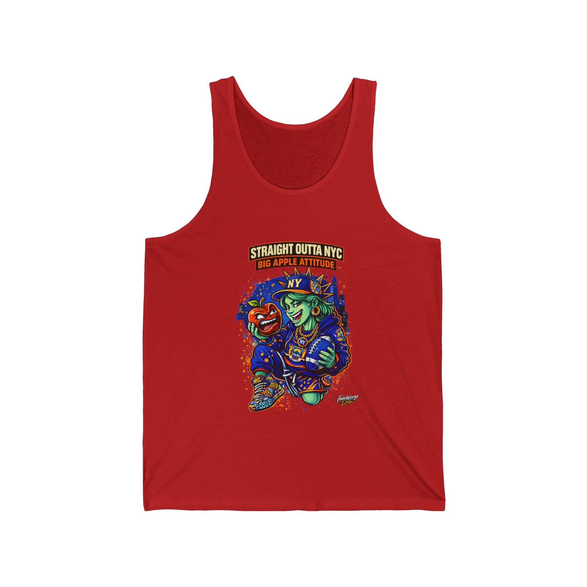 Straight Outta NYC tank top with retro cartoon Statue of Liberty graphic, casual sleeveless top by TimeWarp Drip.