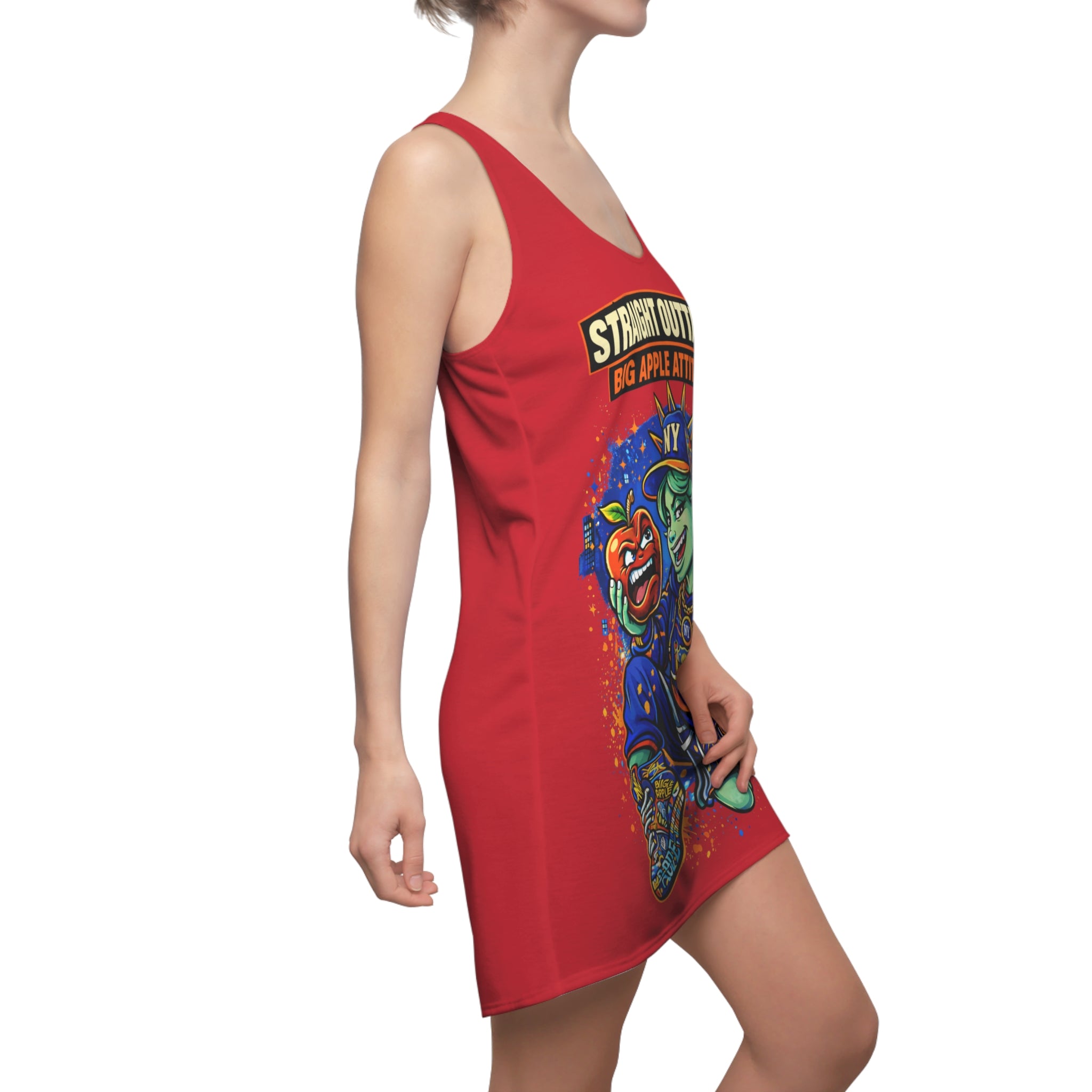 Red racerback dress with all-over NYC "Big Apple Attitude" print from TimeWarp Drip, featuring vibrant cityscape design.