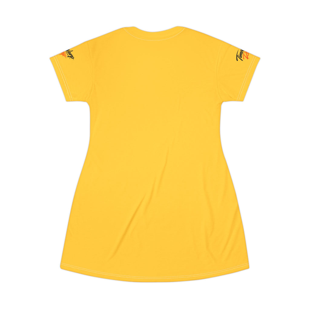 TimeWarp Drip Yellow floral Bloom In Your Time Sunflower T-Shirt Dress by TimeWarp Drip, bold back view and drip sleeve logos—streetwear unleashed. streetwear apparel
