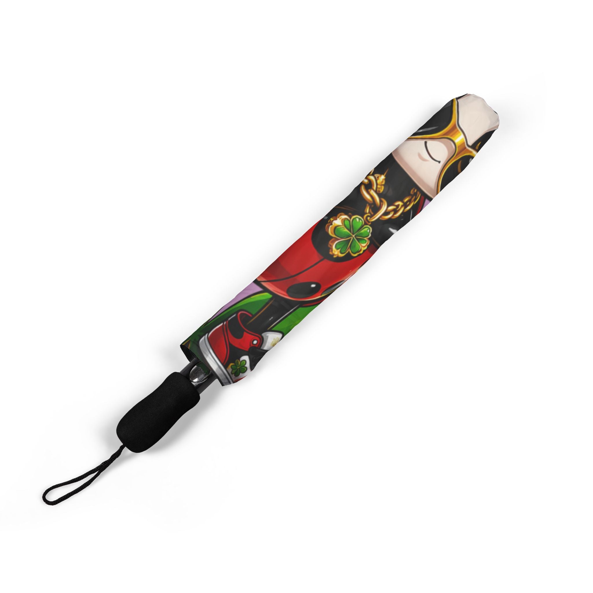 TimeWarp Drip Printify Foldable Pink Umbrella drips style with bold cartoon ladybug vibes, black handle, and fresh streetwear flair. streetwear apparel