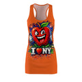 Orange racerback dress with all-over New York "Big Apple Attitude" print by TimeWarp Drip, featuring a vibrant, stylish design.