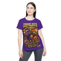 A woman wears the "Straight Outta Baltimore" women's sports jersey in purple, featuring two cartoon birds, city buildings, and bold text: Run The Harbor! Timeless. She stands against a plain white background.