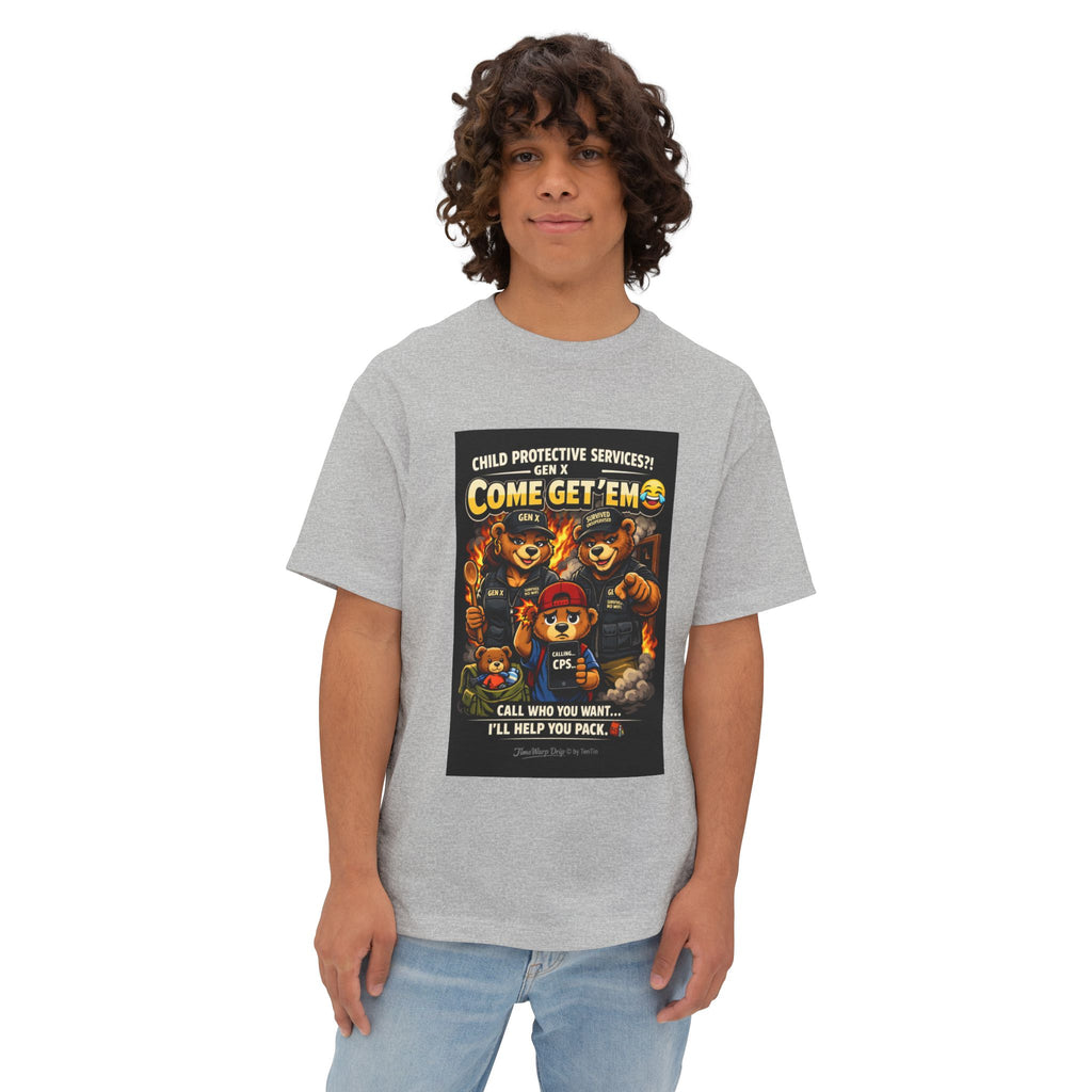 A curly-haired person wears the Generation X Parenting "Come Get Em" Tee by TimeWarp Drip—an oversized, boxy, breathable cotton shirt with a colorful cartoon graphic and bold text—standing against a plain white background. Gen X parenting vibes abound.