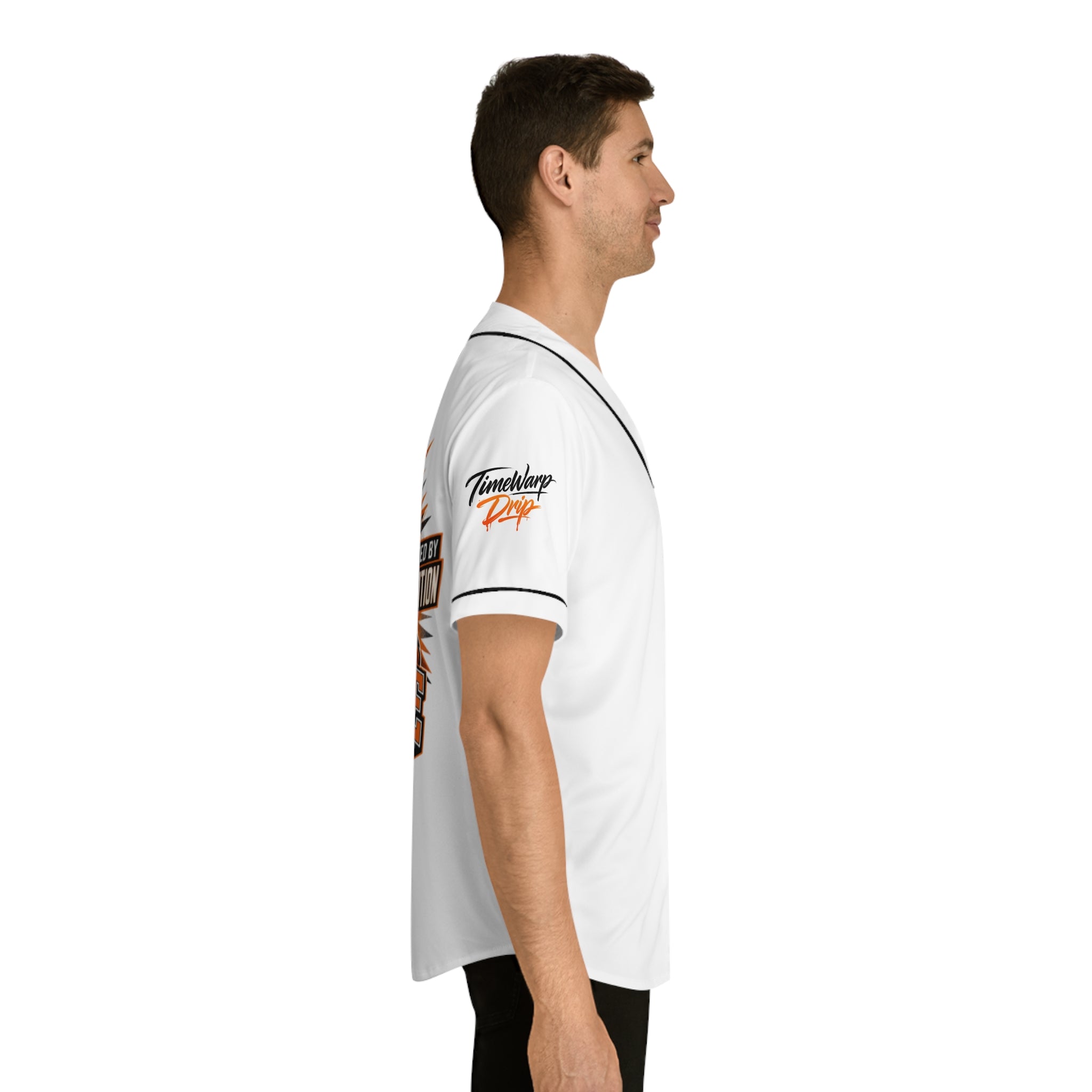 TimeWarp Drip Swagger on display: white baseball jersey, black trim—Charm City Built. Streetwise profile pose, clean backdrop. 