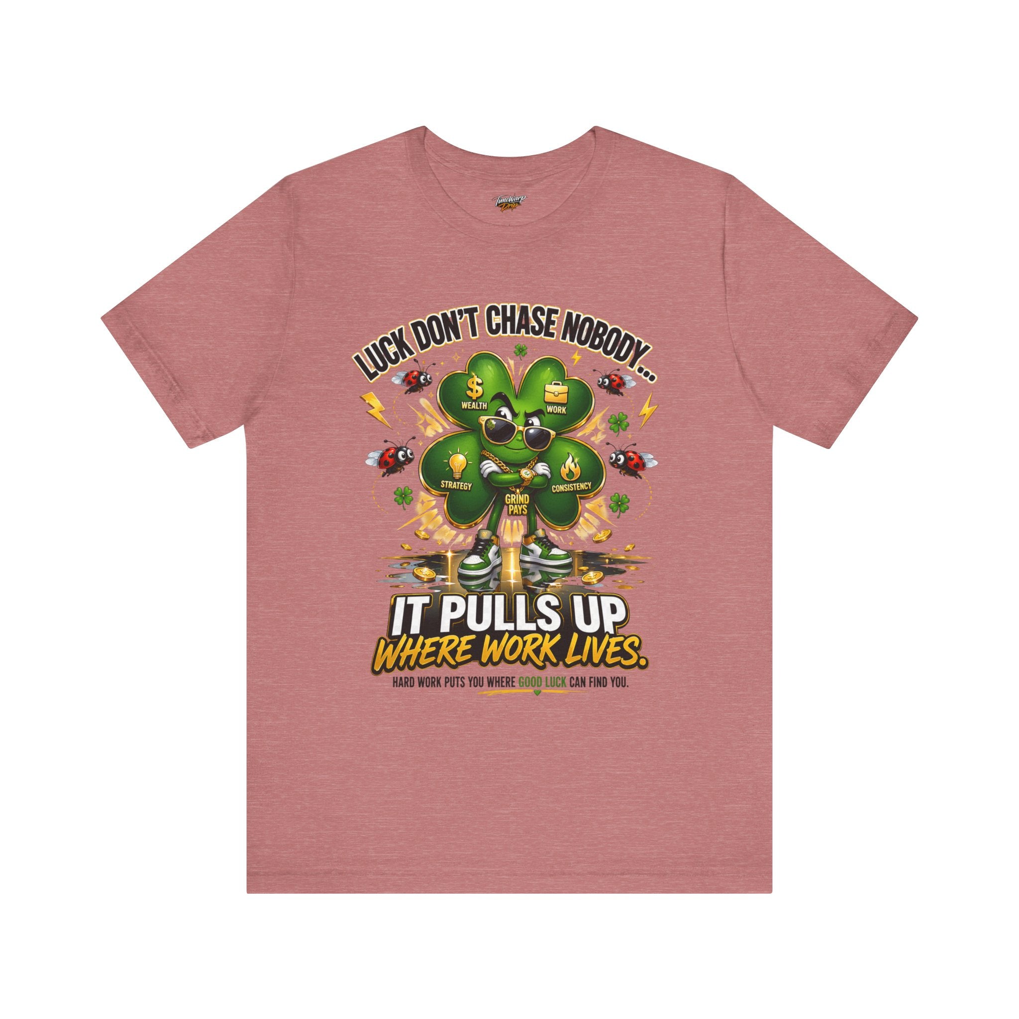 TimeWarp Drip White Printify streetwear tee, bold 4-leaf clover, statement: “it pulls up where work lives”—luck in high-def drip. streetwear apparel