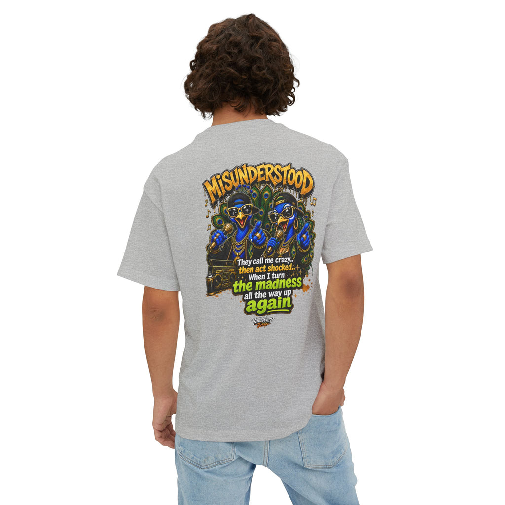TimeWarp Drip – Oversized black boxy tee with vibrant dual peacock hip-hop street art and "They Call Me Crazy I Call It Genius" graphic. | premium streetwear