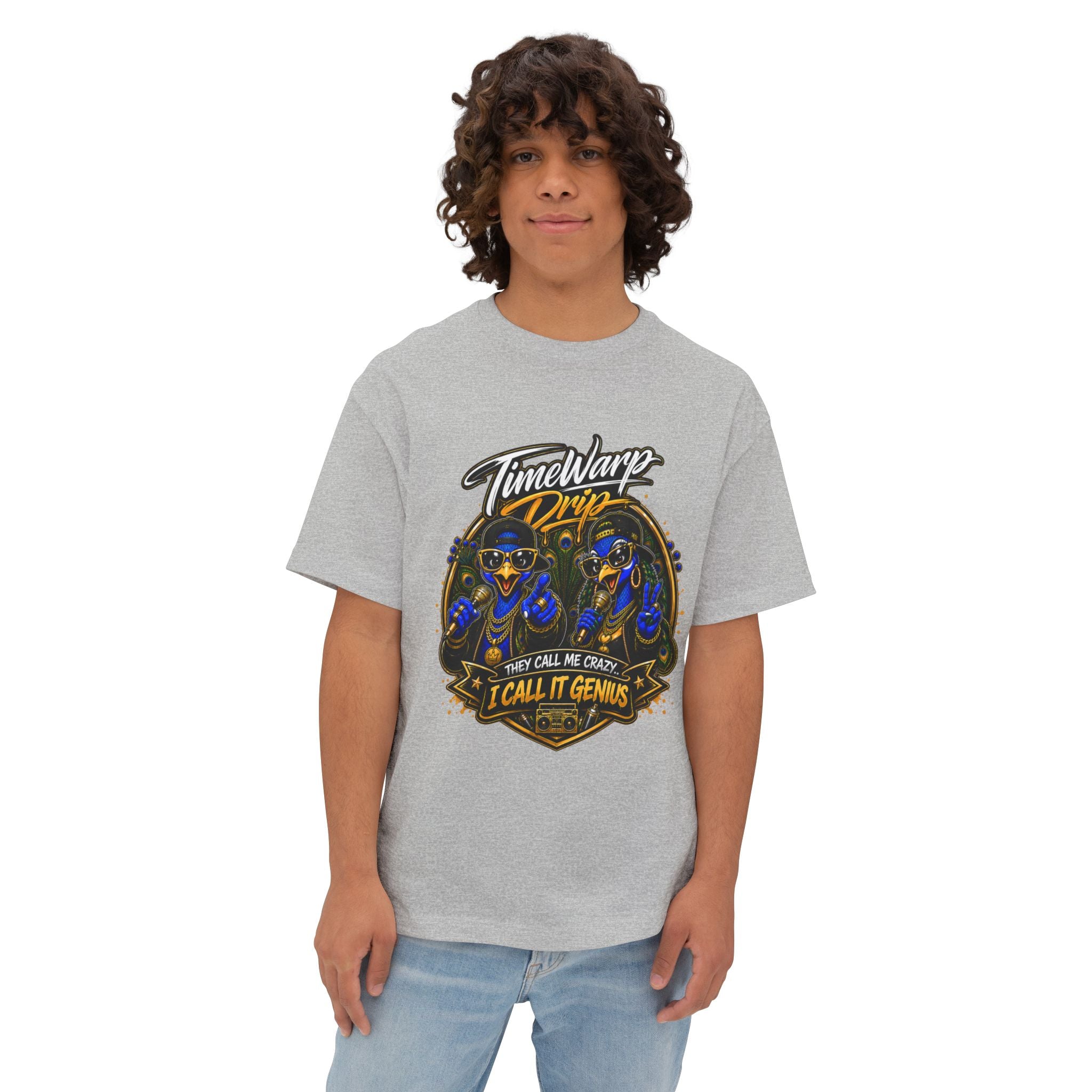 TimeWarp Drip – Oversized black boxy tee with “They Call Me Crazy I Call It Genius” slogan and bold dual peacock street art graphics. | premium streetwear