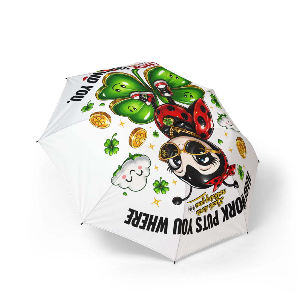TimeWarp Drip Printify foldable white umbrella drips with ladybugs, fly pandas, lucky clovers & gold coins on a bold streetwear canopy. streetwear apparel