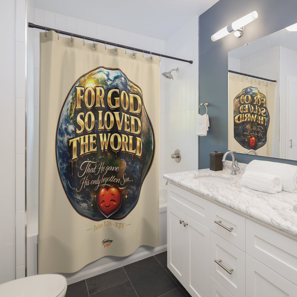 TimeWarp Drip Cream John 3:16 shower curtain—bold faith meets street drip, "For God So Loved The World" design by Printify. streetwear apparel