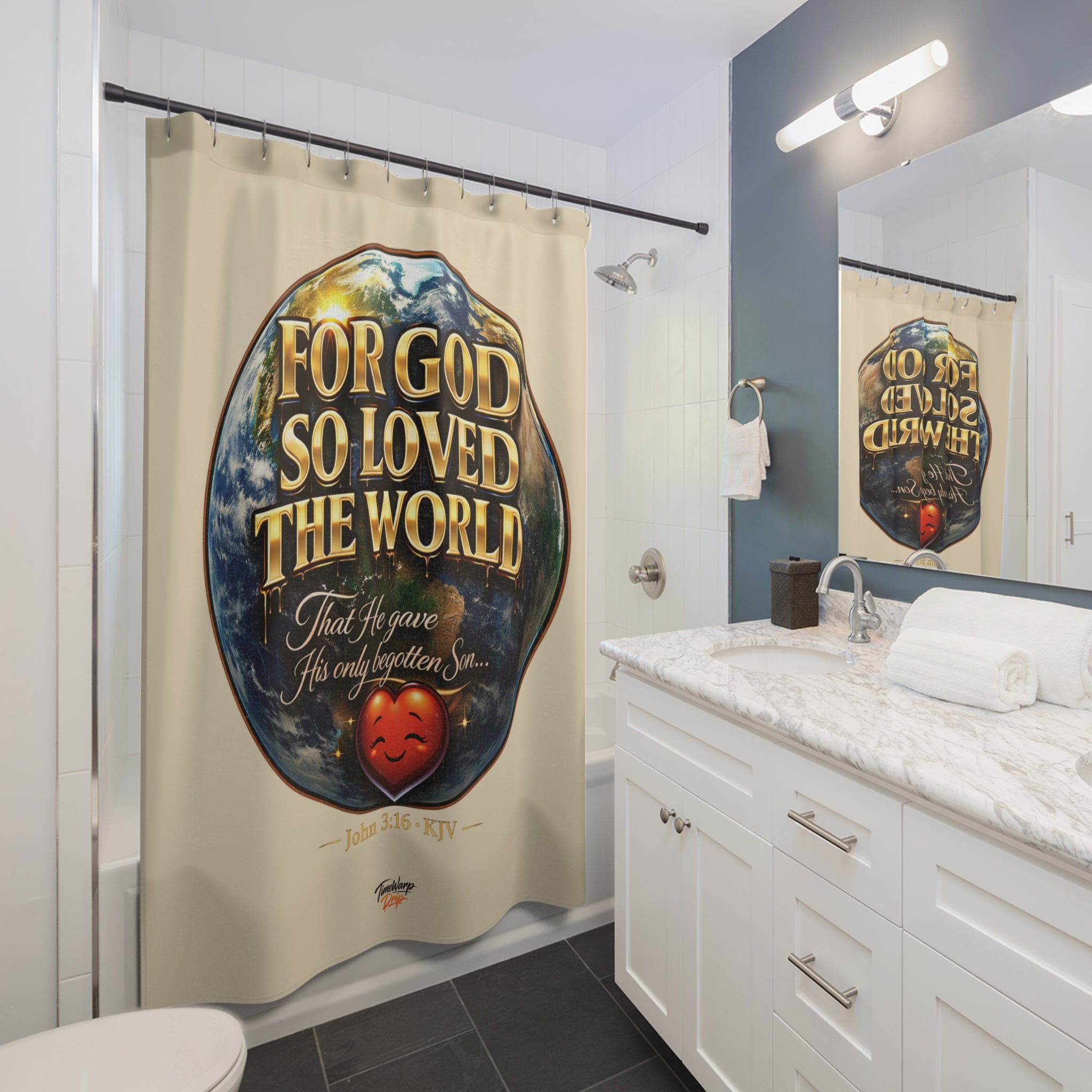 TimeWarp Drip Cream John 3:16 shower curtain—bold faith meets street drip, "For God So Loved The World" design by Printify. streetwear apparel
