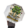 TimeWarp Drip Drip flex: Printify Lucky Clover white foldable umbrella pops with streetwise clover and money graphics—rain never looked cooler. streetwear apparel