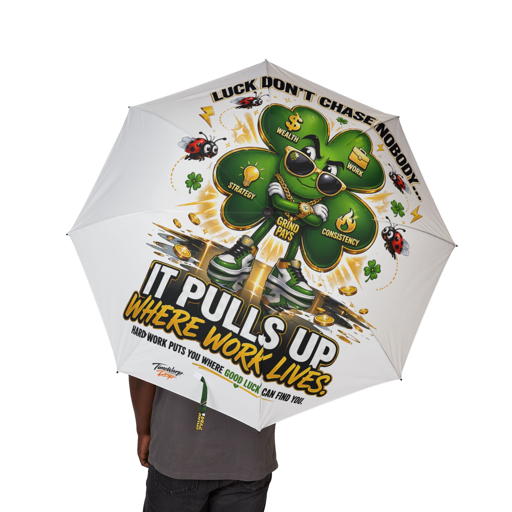 TimeWarp Drip Drip flex: Printify Lucky Clover white foldable umbrella pops with streetwise clover and money graphics—rain never looked cooler. streetwear apparel