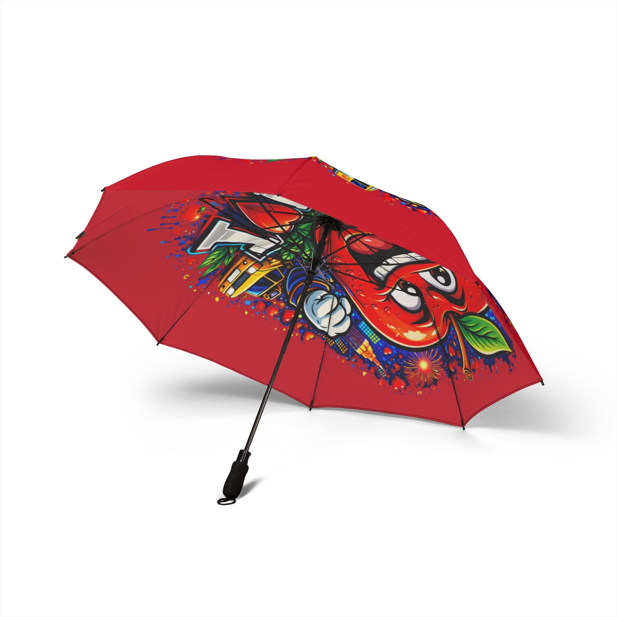 Red I Love NYC foldable semi-automatic umbrella with colorful city skyline design, compact and lightweight rain accessory.