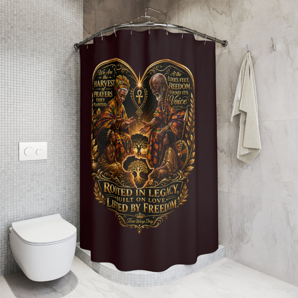 TimeWarp Drip – Burgundy shower curtain with bold Heritage Heart graphic, streetwise statement piece for elevated Black history decor. | premium streetwear