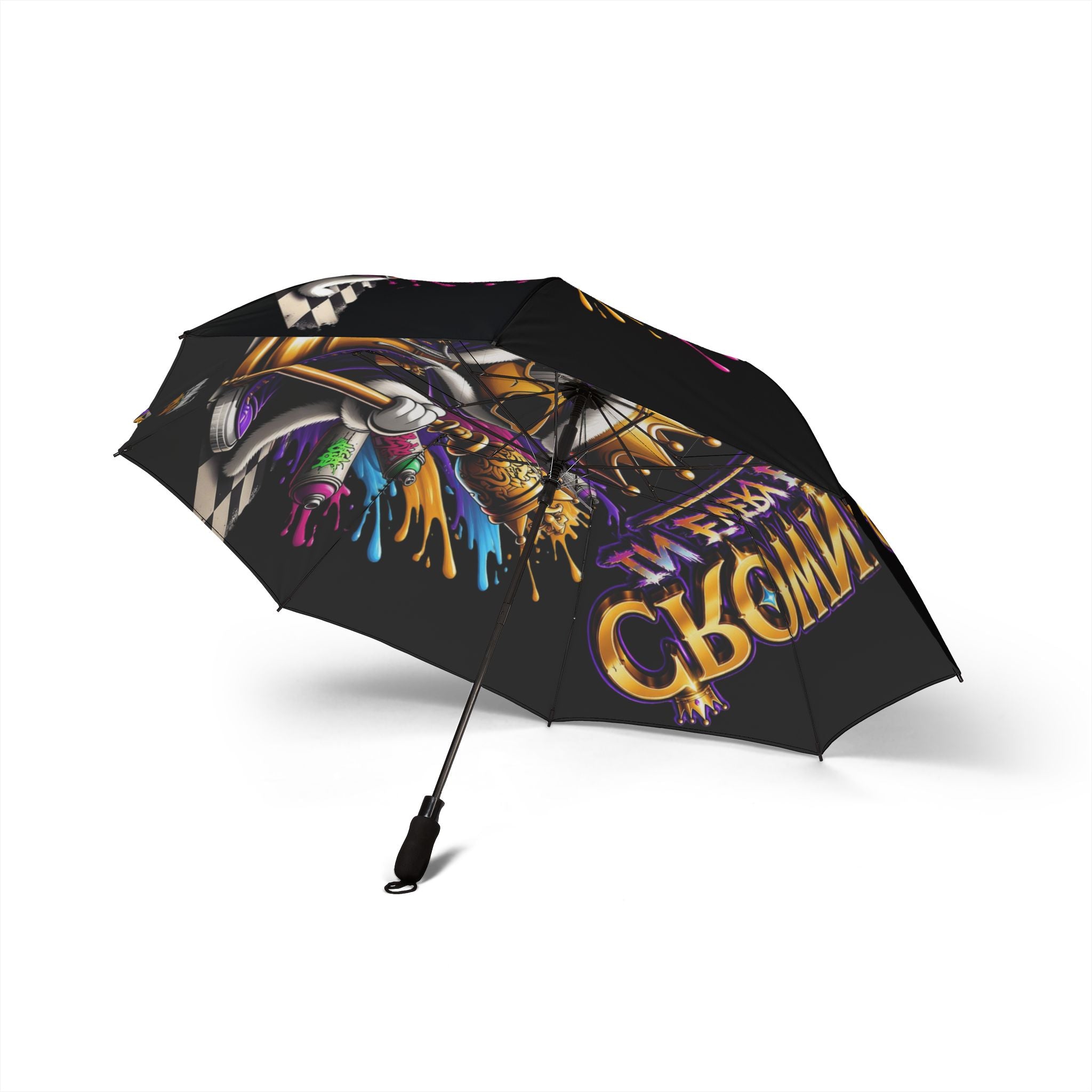 The Bold "Crowned In Every Era" Design (Black) Umbrella (Semi‑Automatic) features vibrant graffiti-style artwork with colorful dripping paint, bold lettering, and dynamic street art elements on its canopy.