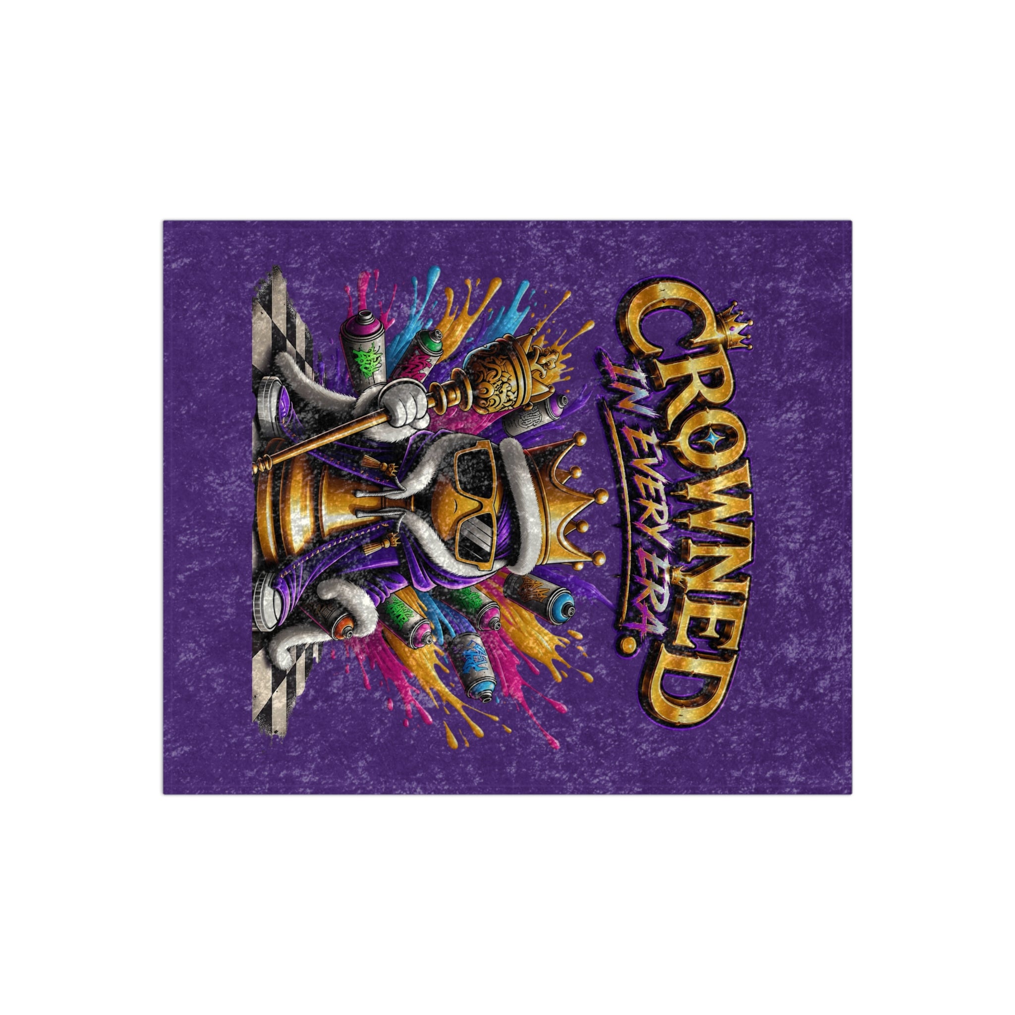 TimeWarp Drip Purple crushed velvet blanket drips with graffiti style—a crowned, sun glassed king pops with street-smart royalty energy. 