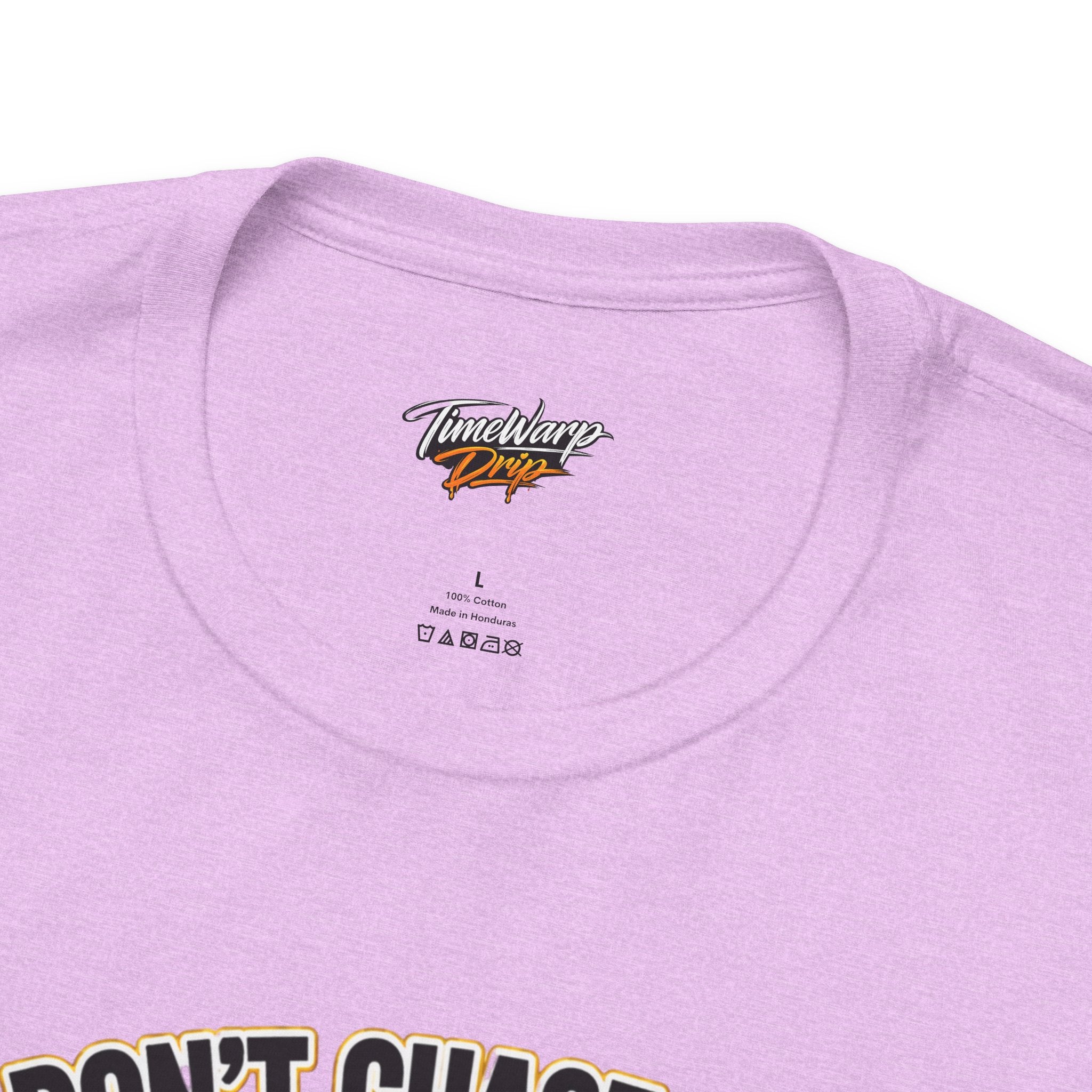 TimeWarp Drip Zoomed in on a bold black Printify "Luck Don't Chase Nobody" tee—streetwise 4-leaf clover collar, logo pop, care tag drip. streetwear apparel