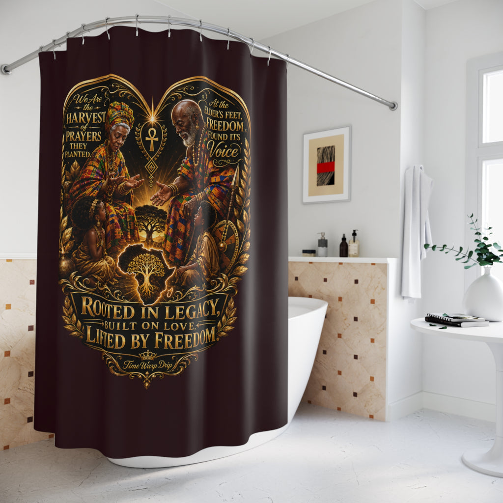 TimeWarp Drip – Burgundy shower curtain, Afrocentric art, heritage gold text, bold heart graphic, two praying figures—urban legacy energy. | premium streetwear