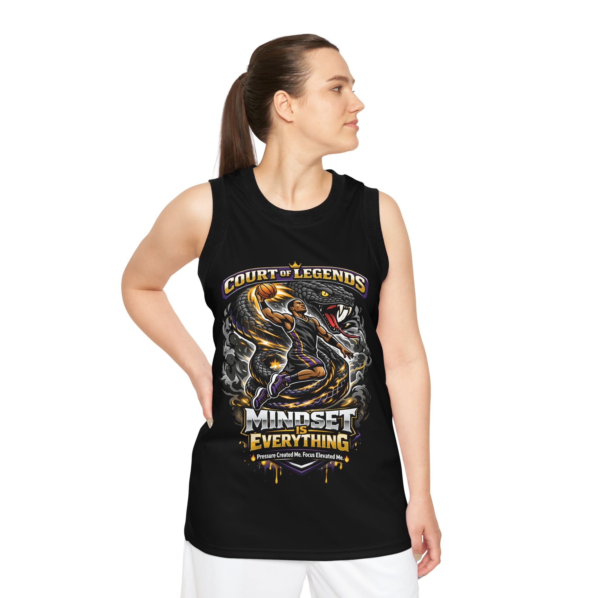 Black Court of Legends basketball jersey with all-over print design, featuring bold graphics and athletic fit.