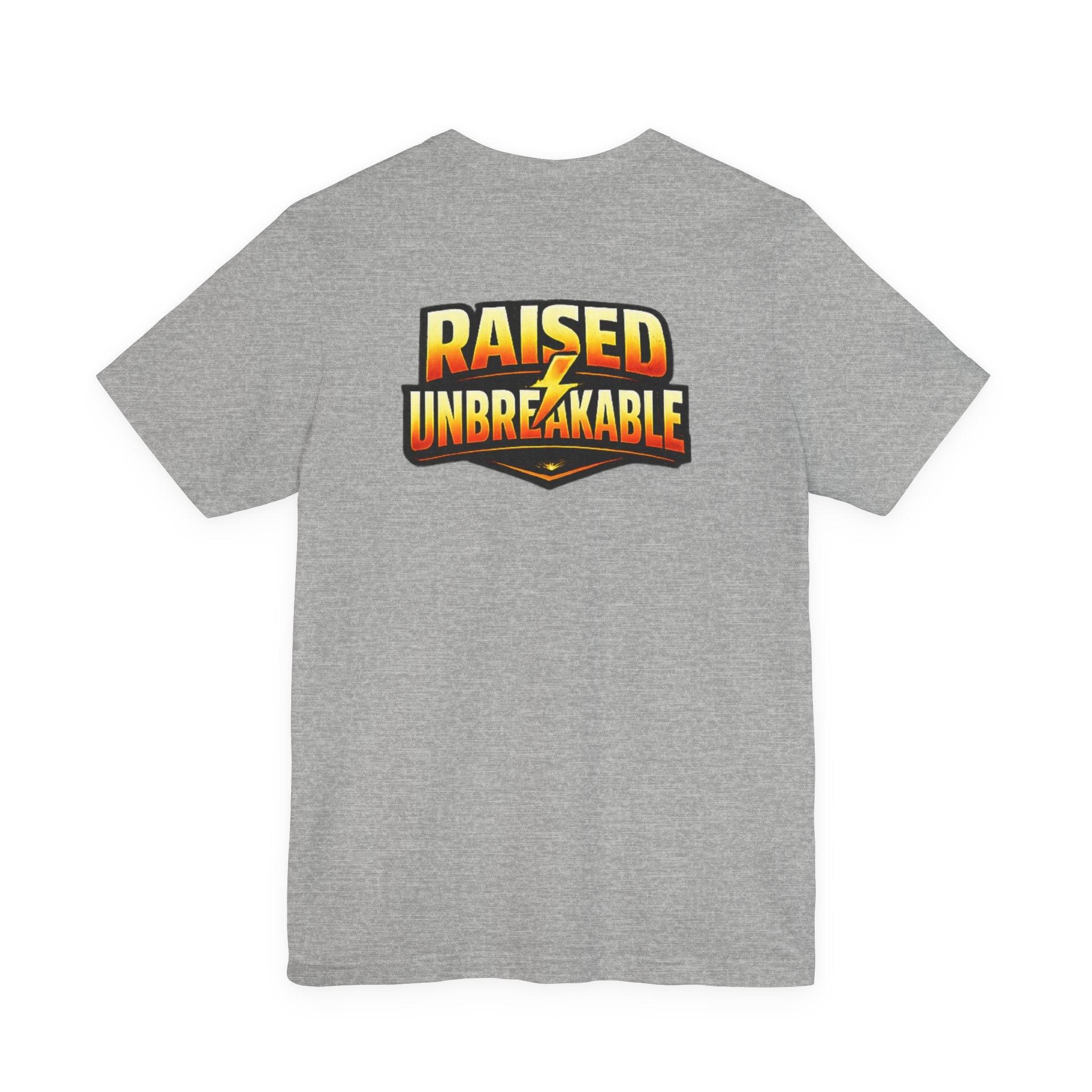 TimeWarp Drip Gray streetwear T-shirt by Printify, rocking bold yellow-orange “RAISED UNBREAKABLE” drip lettering on the back. streetwear apparel