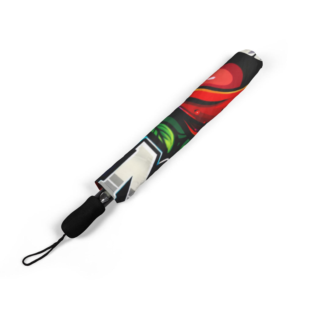 White I Love NYC foldable rain umbrella with colorful design, semi-automatic operation, accessory by TimeWarp Drip.