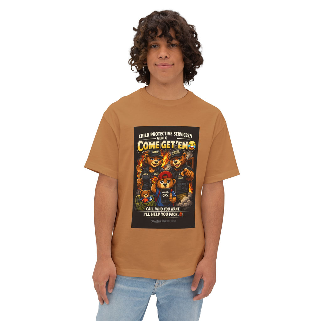 A young person with curly hair wears the TimeWarp Drip Generation X Parenting "Come Get Em" Tee—a breathable, oversized boxy t-shirt featuring a colorful cartoon and witty parenting text. They stand against a plain background.