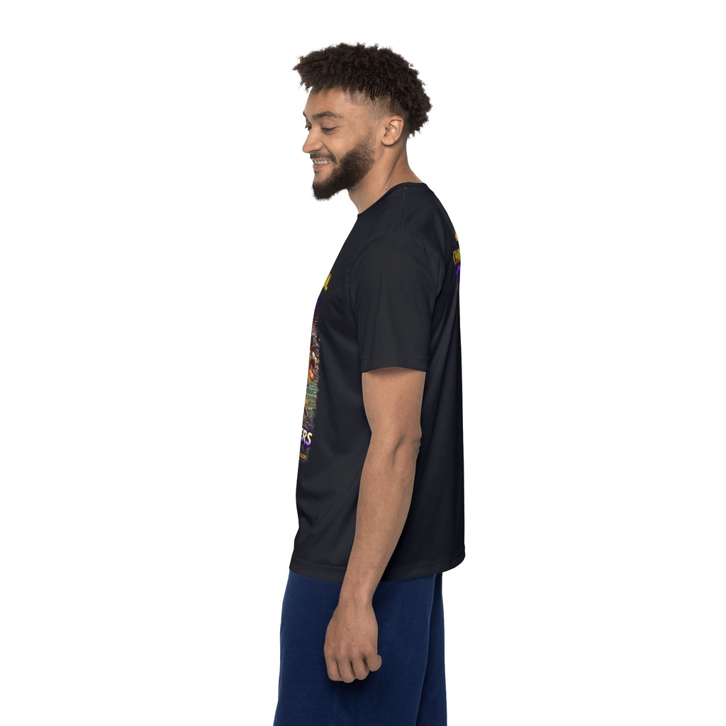 TimeWarp Drip Chill vibes: Smiling man rocking a black Turf Raiders Battle Begins sports jersey—TimeWarp Drip streetwear heat, side profile, white backdrop. streetwear apparel