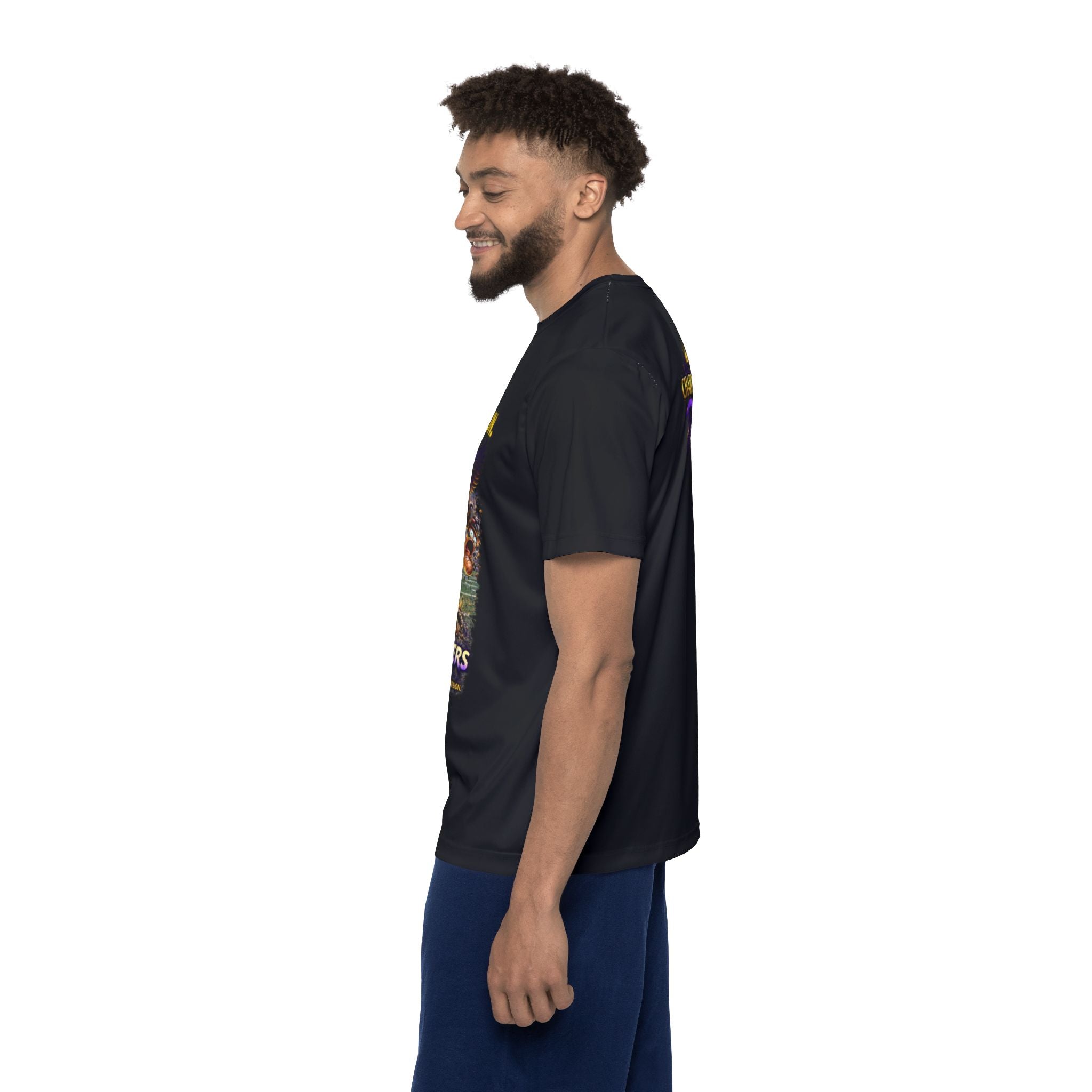 TimeWarp Drip Chill vibes: Smiling man rocking a black Turf Raiders Battle Begins sports jersey—TimeWarp Drip streetwear heat, side profile, white backdrop. streetwear apparel