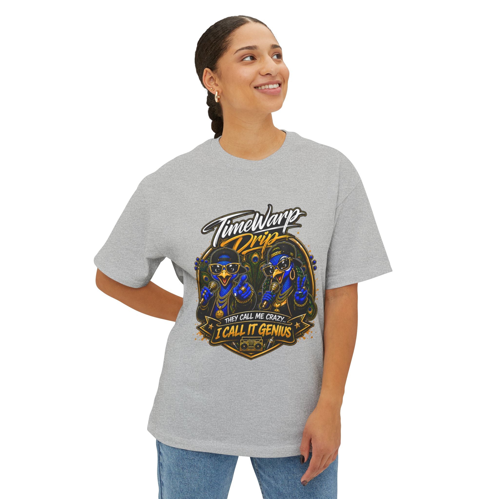 TimeWarp Drip – Oversized black boxy tee with bold Dual Peacock street art, hip-hop flair, and "They call me crazy. I call it genius. | premium streetwear