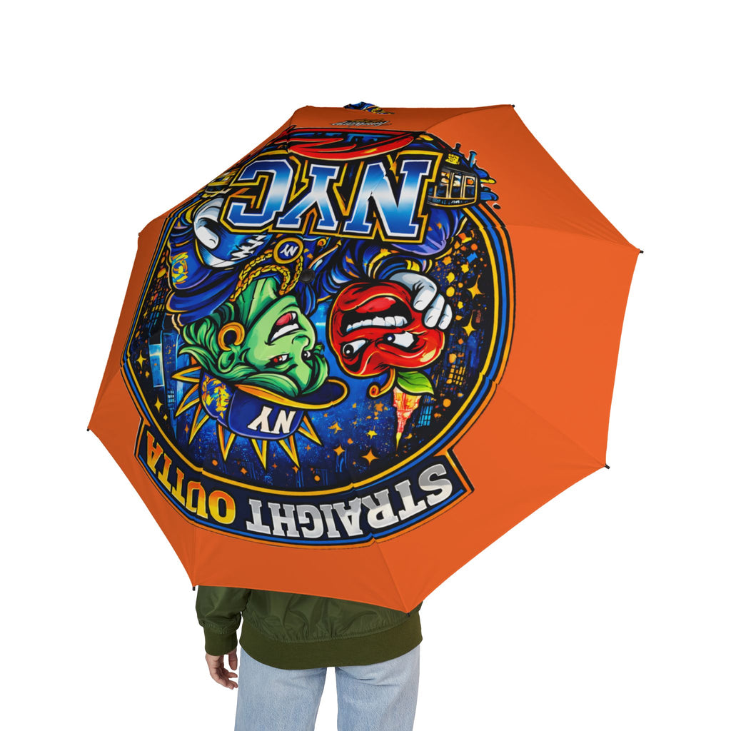 Orange NYC Night Out foldable umbrella by TimeWarp Drip, semi-automatic rain umbrella with colorful urban design.