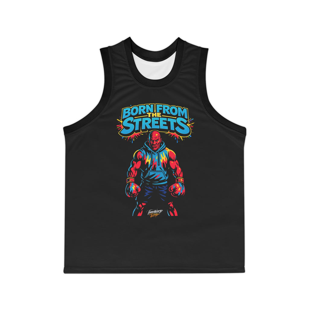 Black Born From The Streets graphic jersey with all-over print, featuring bold street-inspired artwork by TimeWarp Drip.