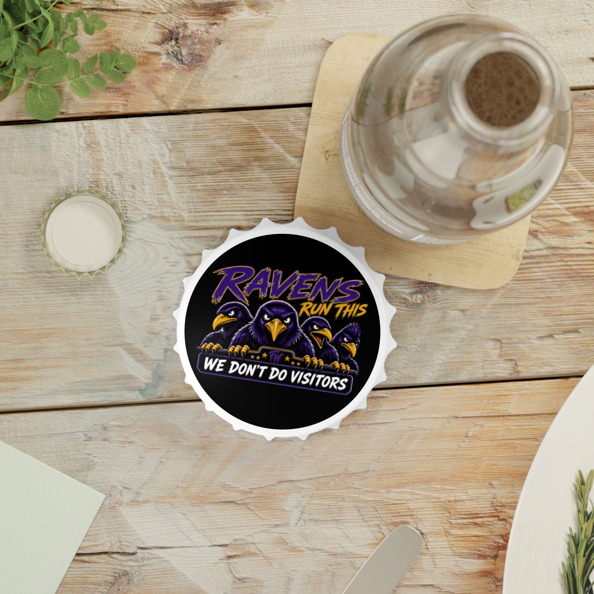 TimeWarp Drip Home Flock Advantage black bottle opener, comic ravens, bold "We Don’t Do Visitors"—sports drip meets streetwise flair. streetwear apparel