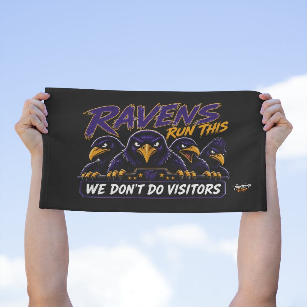 TimeWarp Drip Level up game day: bold hands flex the black “Home Flock Advantage” Rally Towel by Printify, dripping style under blue sky. streetwear apparel