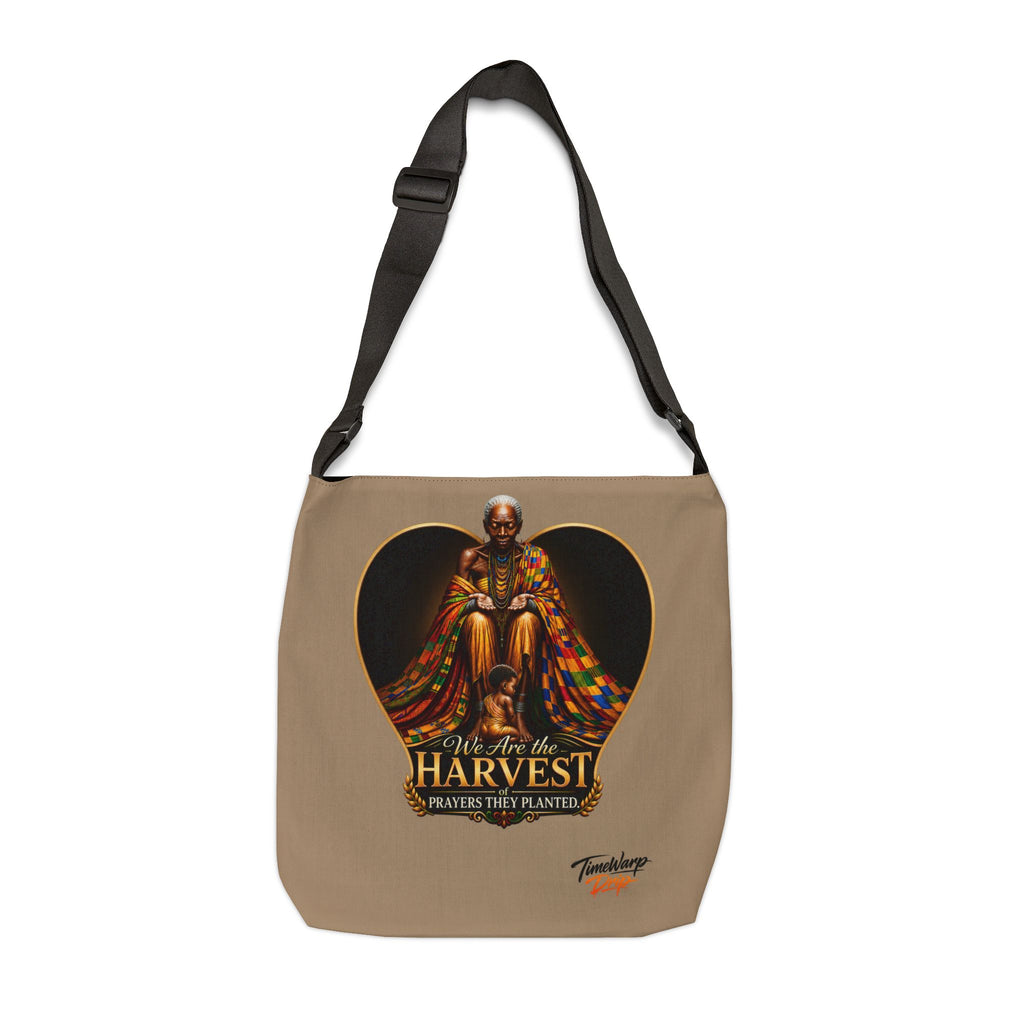 TimeWarp Drip – Black adjustable tote with “We Are the Harvest” graphic, bold Premium Urban Fashionstatement, high-end urban energy. | premium streetwear