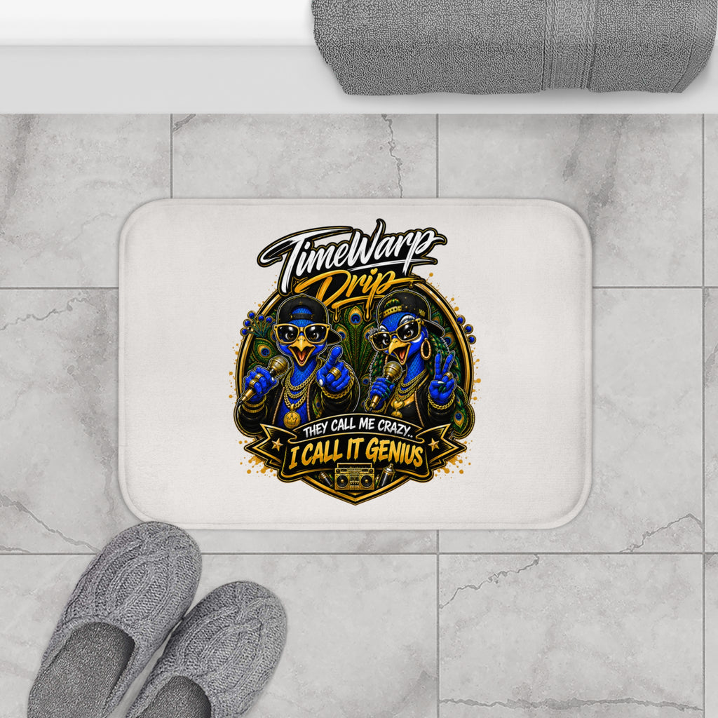 TimeWarp Drip – Bath mat in urban black; twin peacock graphics, hip-hop graffiti edge, bold city energy, street-art luxury style. | premium streetwear