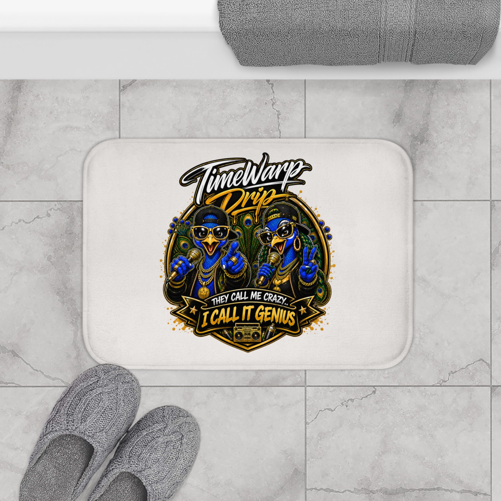 TimeWarp Drip – Bath mat in urban black; twin peacock graphics, hip-hop graffiti edge, bold city energy, street-art luxury style. | premium streetwear