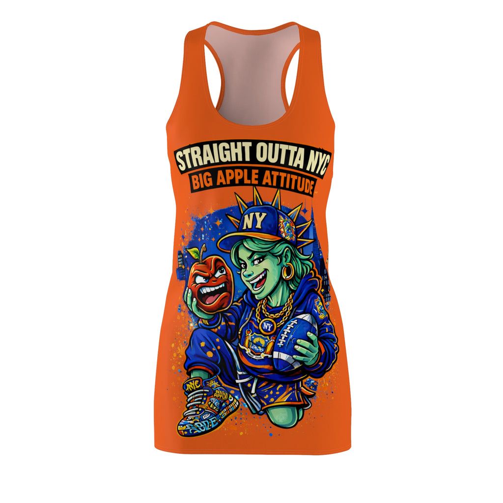 Orange racerback dress with all-over Big Apple attitude print, featuring NYC skyline and vibrant cityscape design.