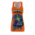 Orange racerback dress with all-over Big Apple attitude print, featuring NYC skyline and vibrant cityscape design.