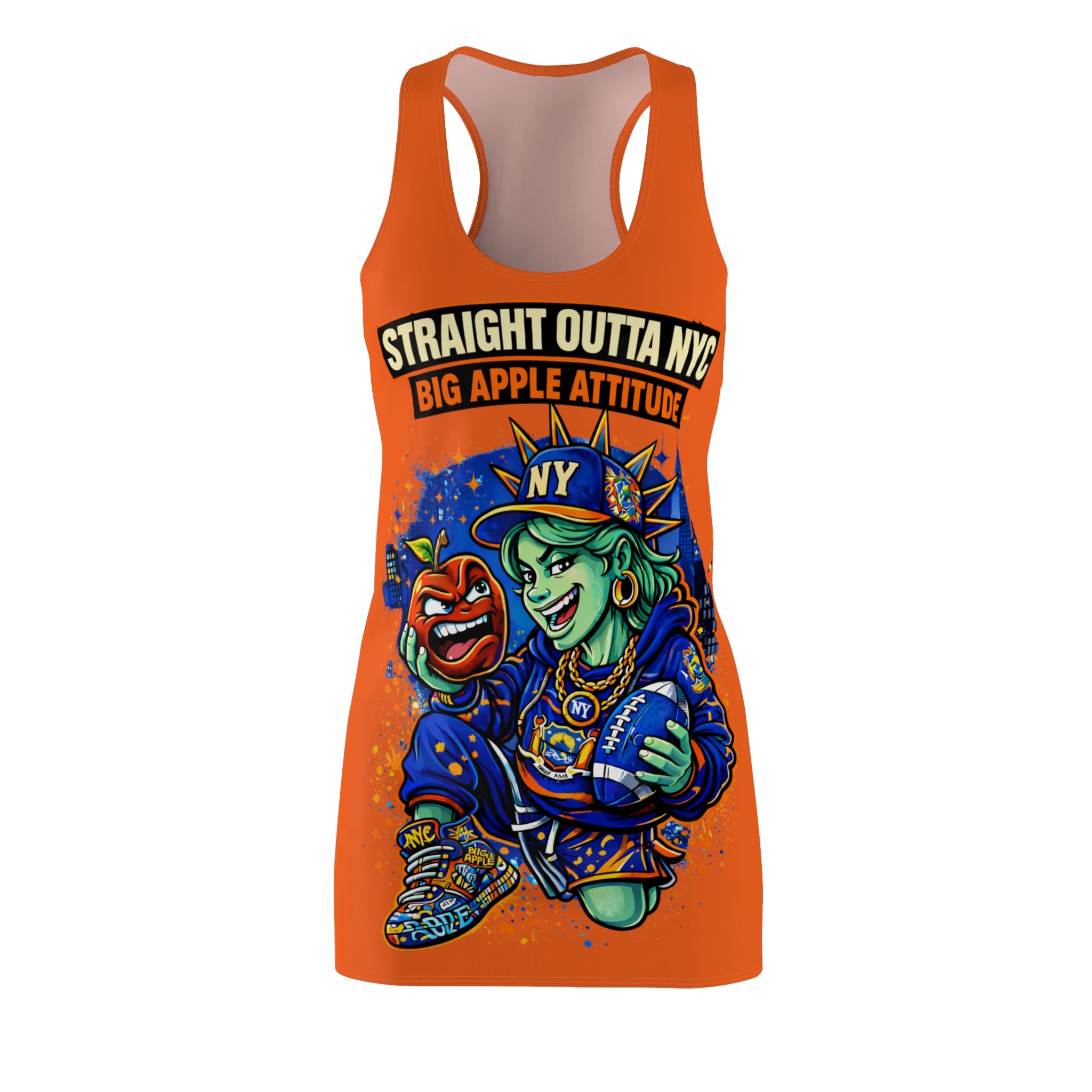 Orange racerback dress with all-over Big Apple attitude print, featuring NYC skyline and vibrant cityscape design.