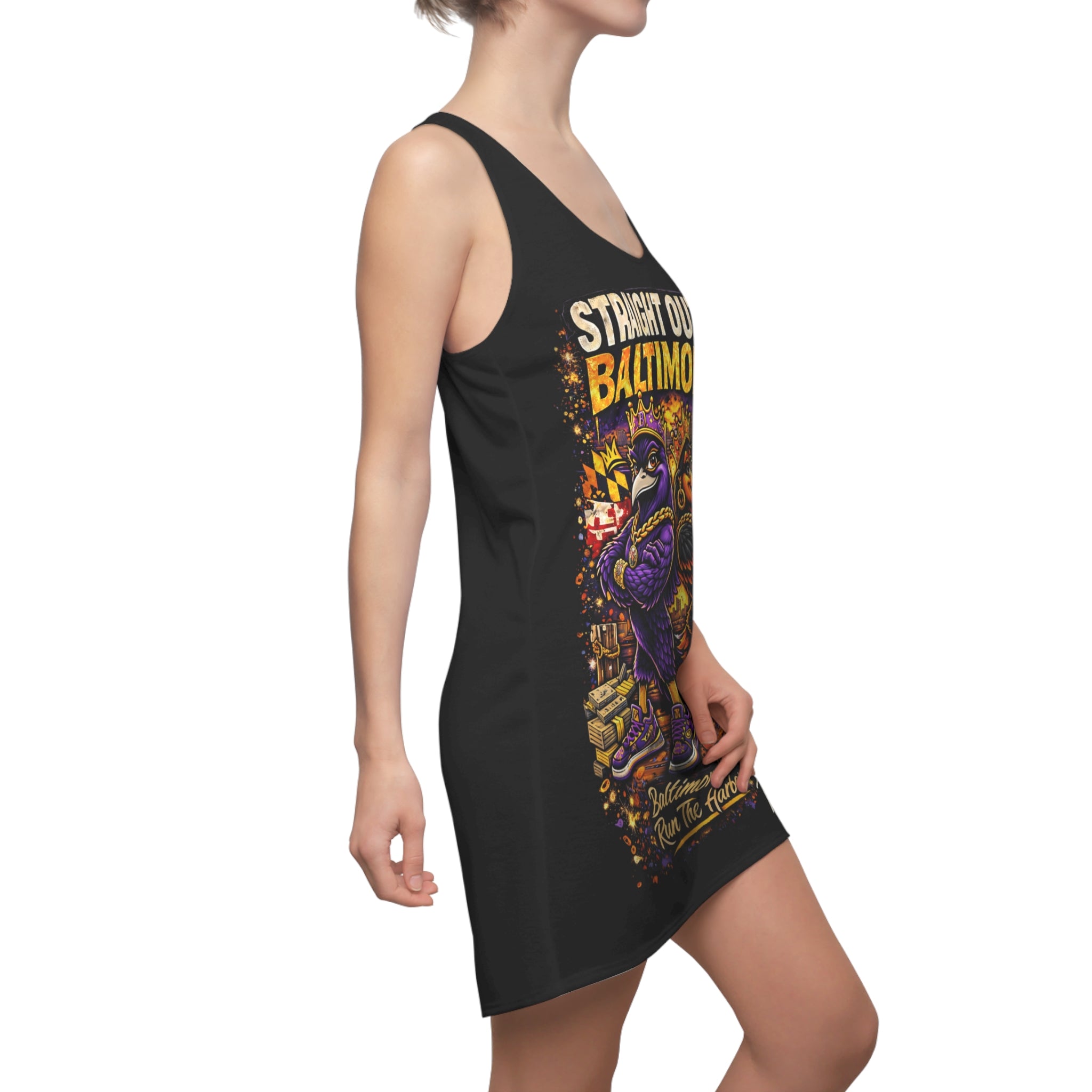 TimeWarp Drip Bold woman rocking a black Printify racerback dress with "Straight Outta Baltimore Charm City Attitude" street graphic. streetwear apparel