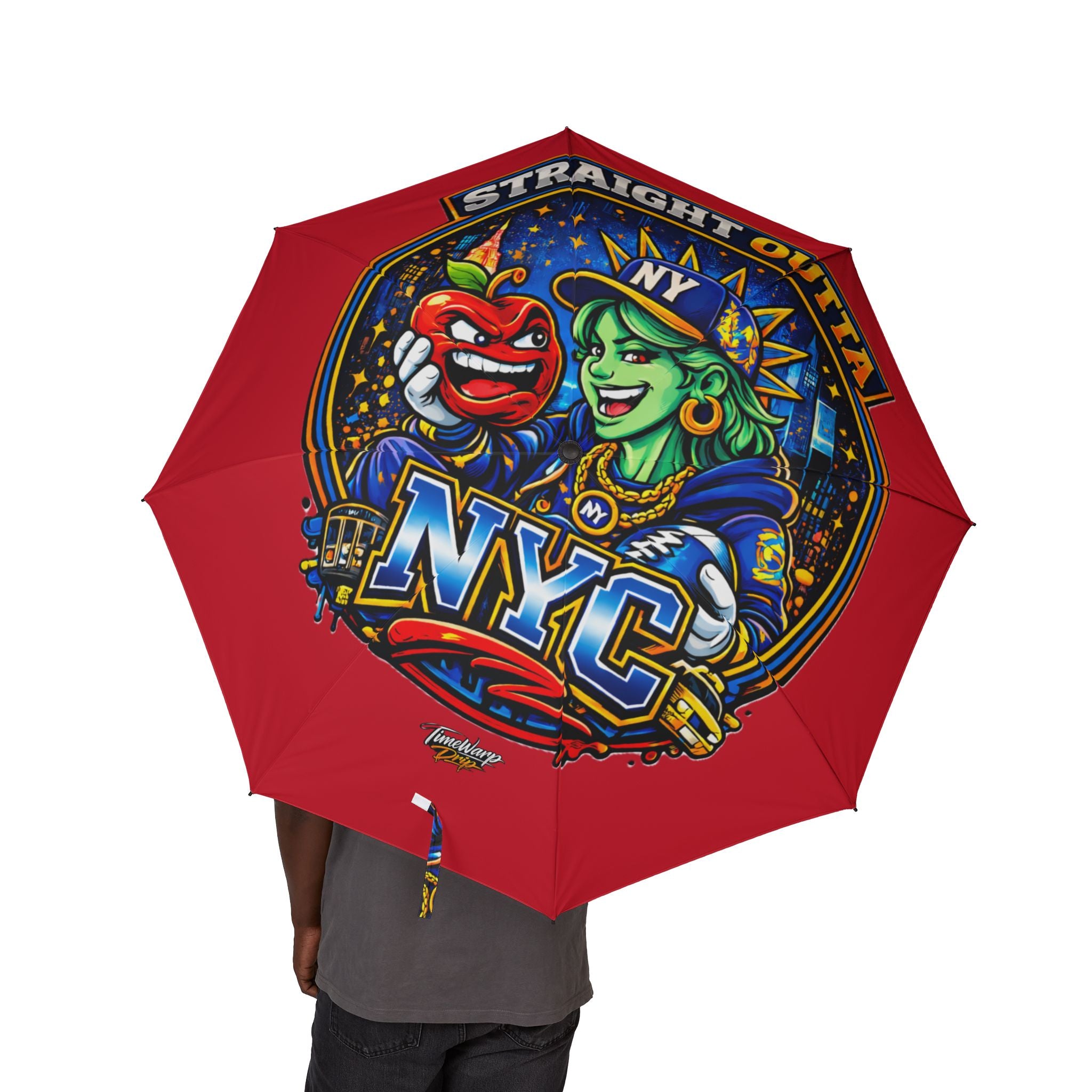Red NYC Night Out foldable umbrella with colorful design, semi-automatic rain umbrella from TimeWarp Drip, compact and stylish accessory.